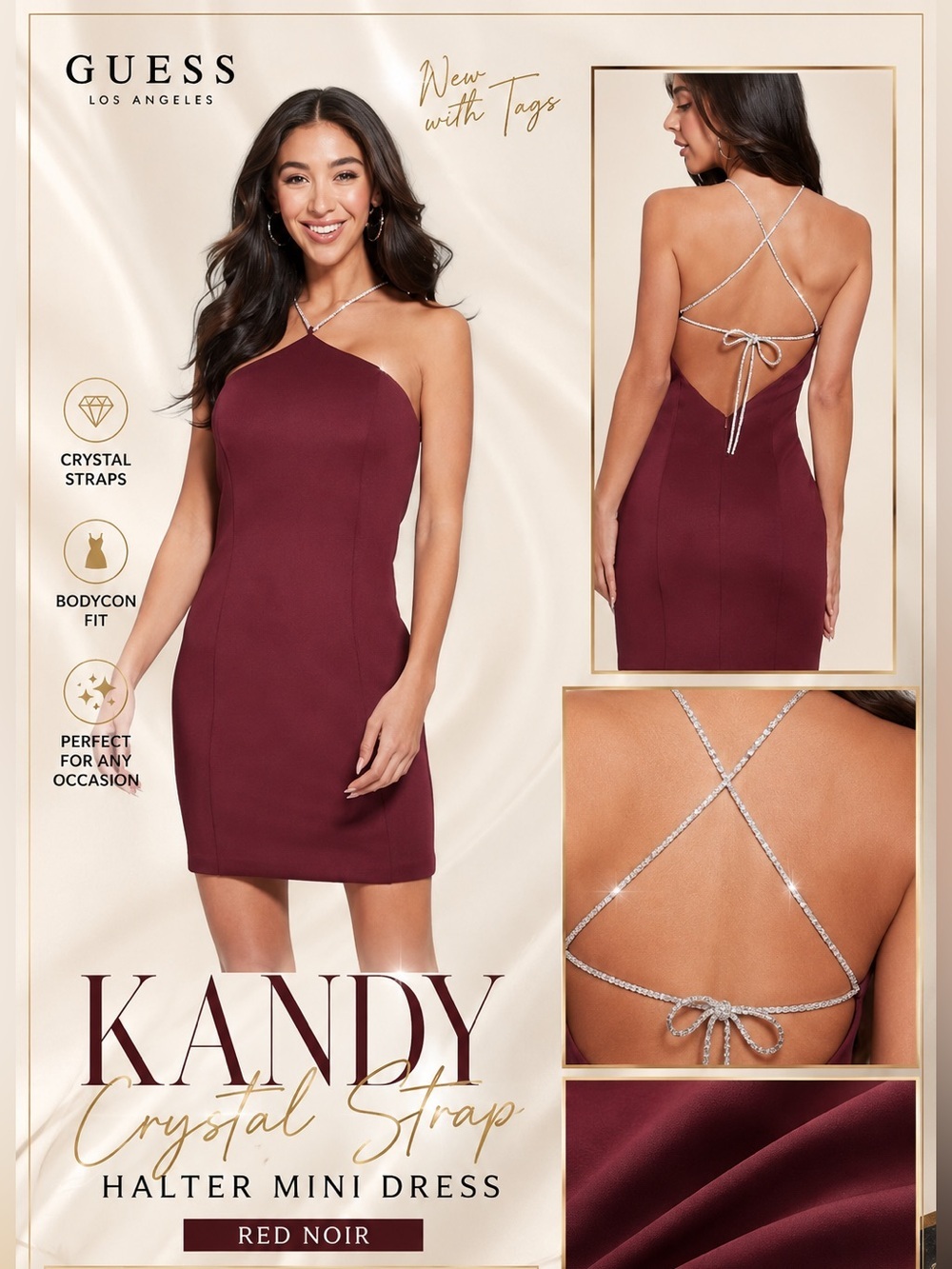 GUESS Red Noir Crystal Strap Halter Neck Bodycon Mini Dress NWT 0 Nightlife